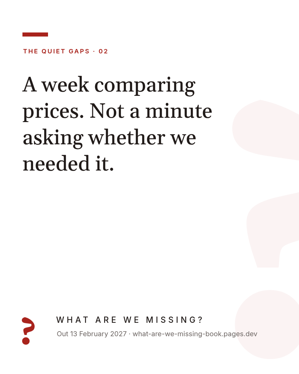 Card: A week comparing prices. Not a minute asking whether we needed it.